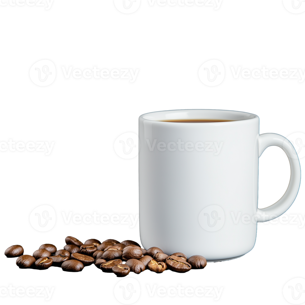 White mug with scattered coffee beans on transparent background png