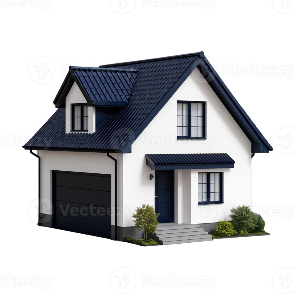 Modern house with blue roof and garage on transparent background png