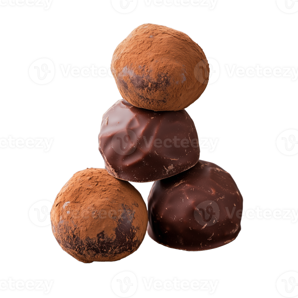 Stack of chocolate truffles coated with cocoa on transparent background png