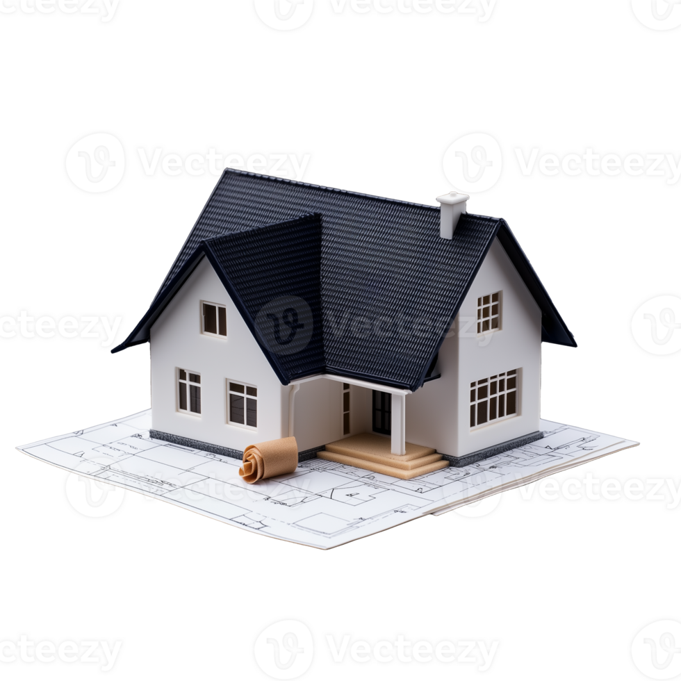 Model of modern suburban house with blueprint on transparent background png