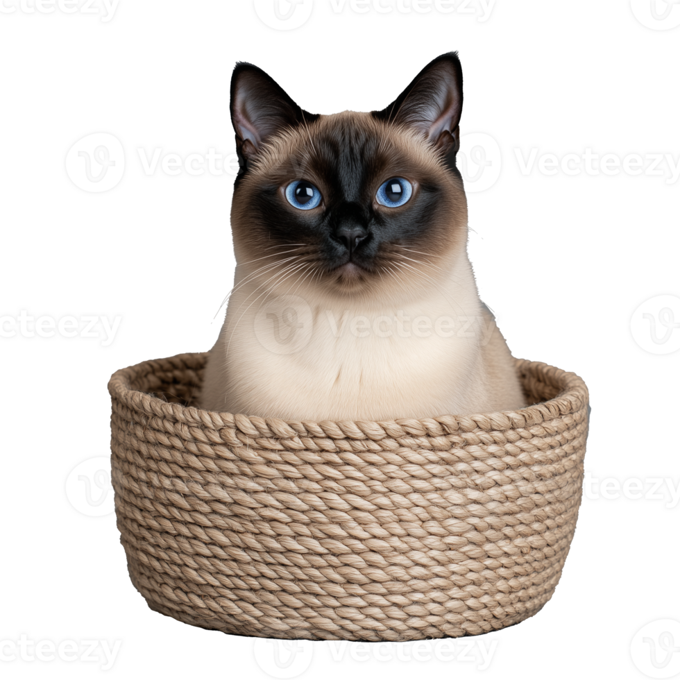 Siamese cat in woven rope basket on transparent background png