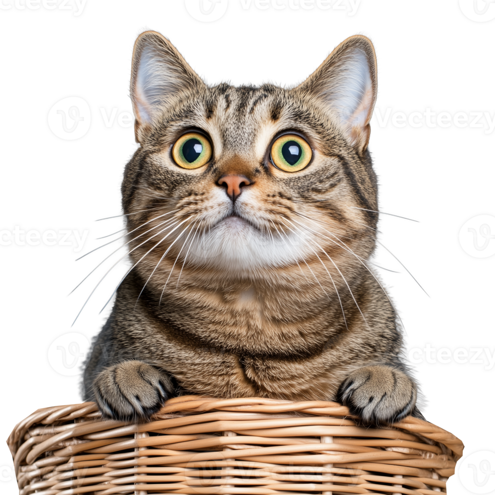 Surprised tabby cat in wicker basket on transparent background png