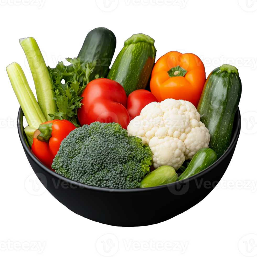 Bowl of assorted fresh vegetables on transparent background png