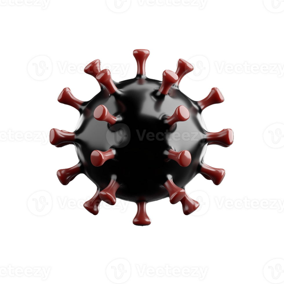 Black virus model with red spikes on transparent background png