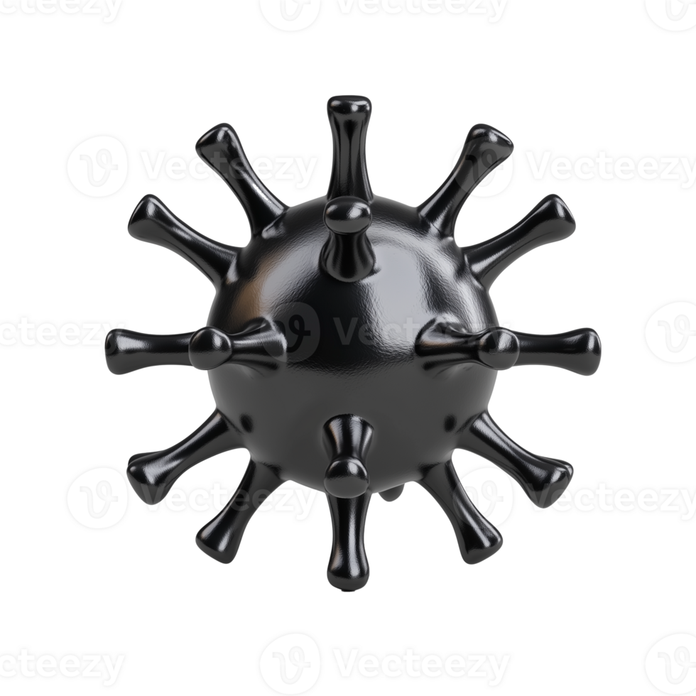 Black virus cell model with extended spikes on transparent background png
