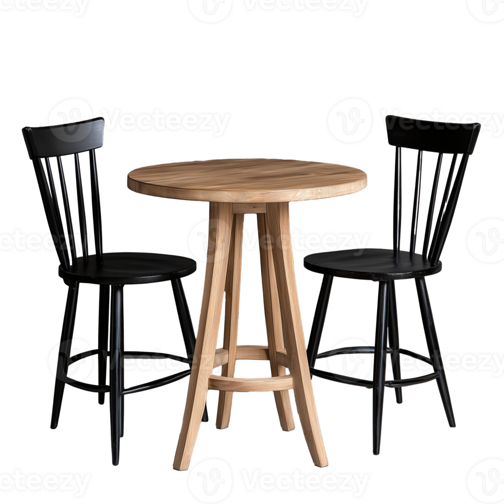 Wooden dining table with mismatched chairs on transparent background png
