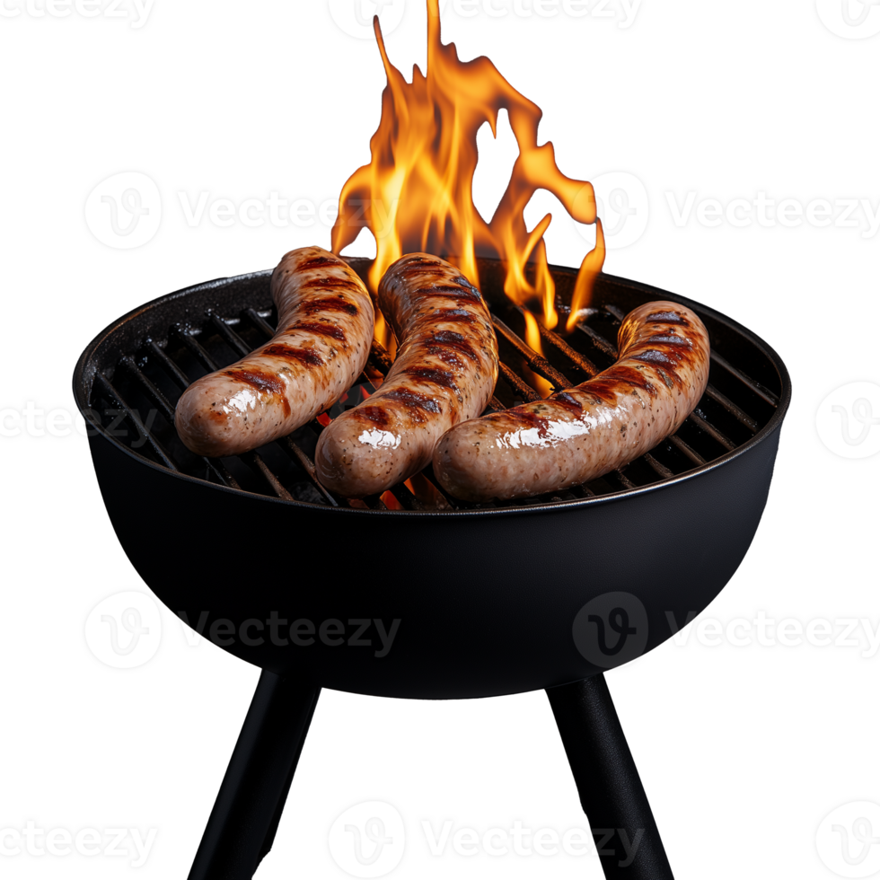 Grilled sausages on flaming barbecue grill on transparent background png