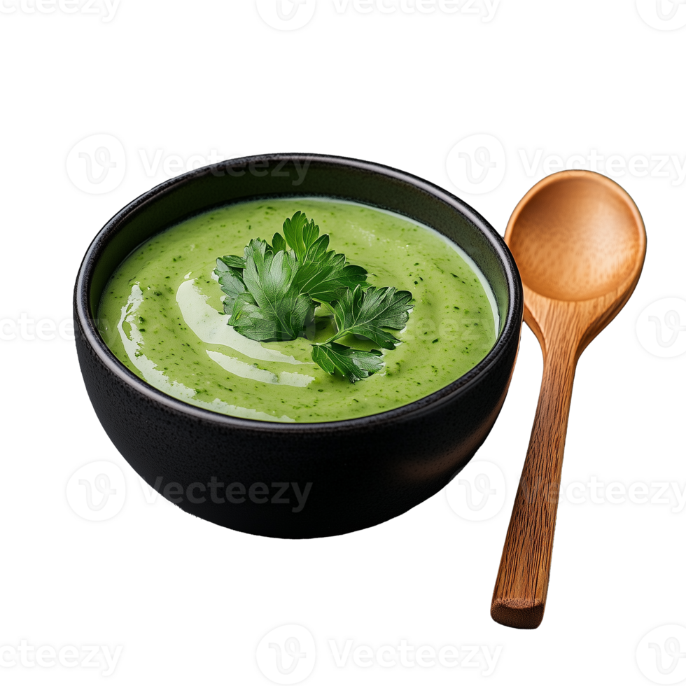 Bowl of green soup with parsley and spoon on transparent background png