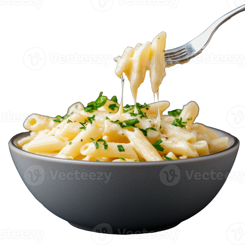 Fork with creamy pasta and chives on transparent background png