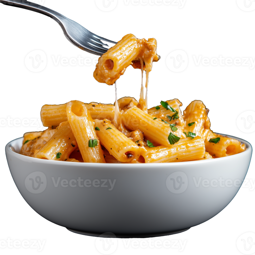 Fork lifting rigatoni pasta with herbs on transparent background png