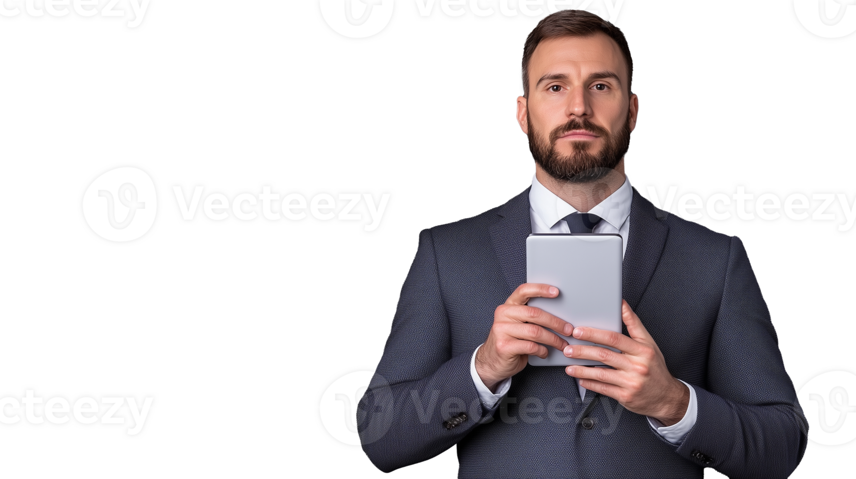 Man in suit using tablet on transparent background png