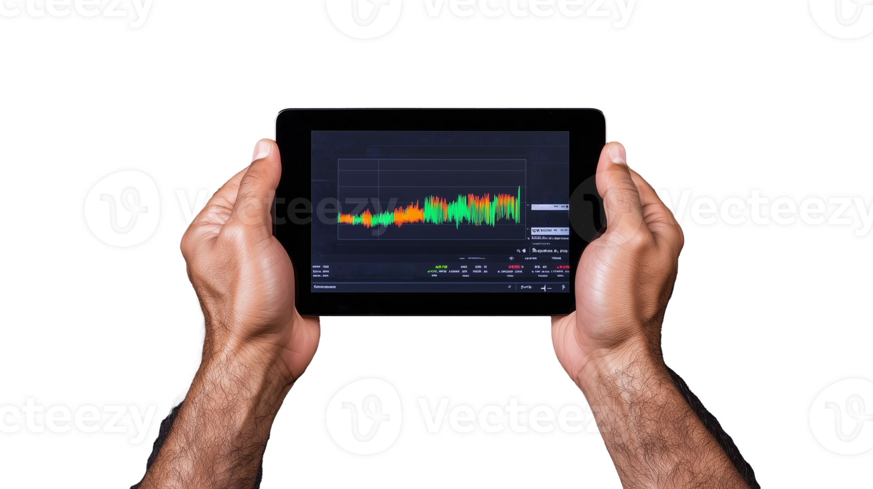 Hands holding tablet with stock chart on transparent background png
