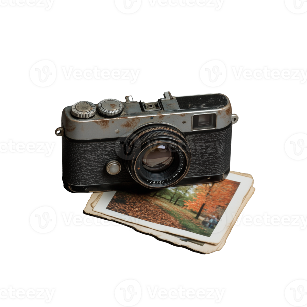 Retro camera on old photographs on transparent background png