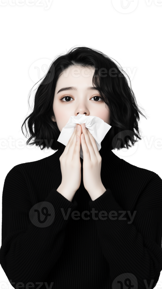 Woman blowing nose into tissue on transparent background png