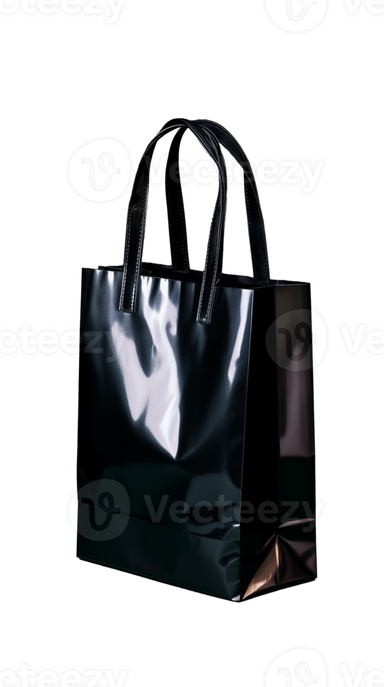 Shiny black shopping bag on transparent background png
