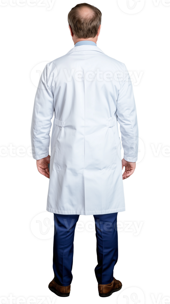 Doctor in lab coat facing away on transparent background png