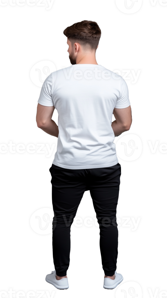 Back view of man in white T-shirt on transparent background png