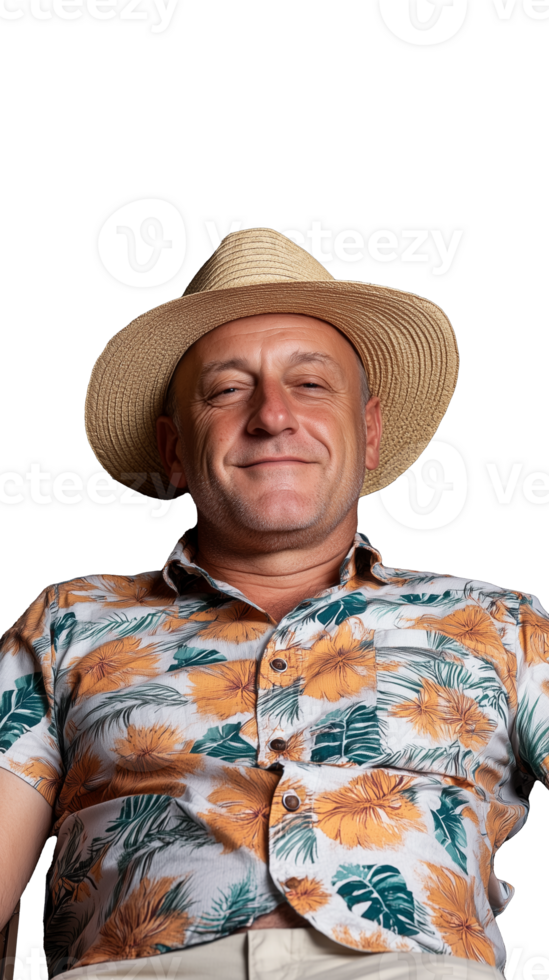 Smiling man in Hawaiian shirt and hat on transparent background png