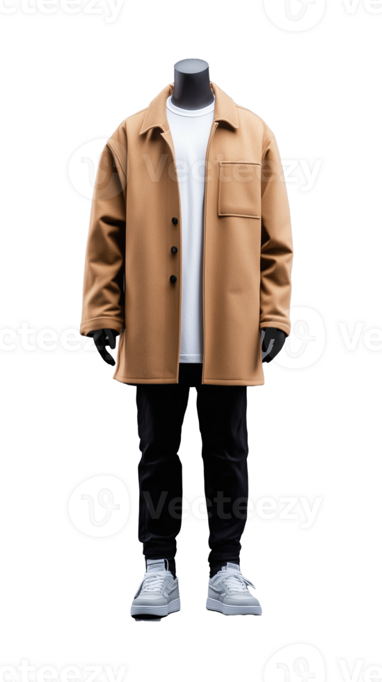 Brown coat with black pants and white sneakers on transparent background png