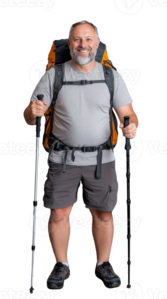 Older man with hiking gear on transparent background png