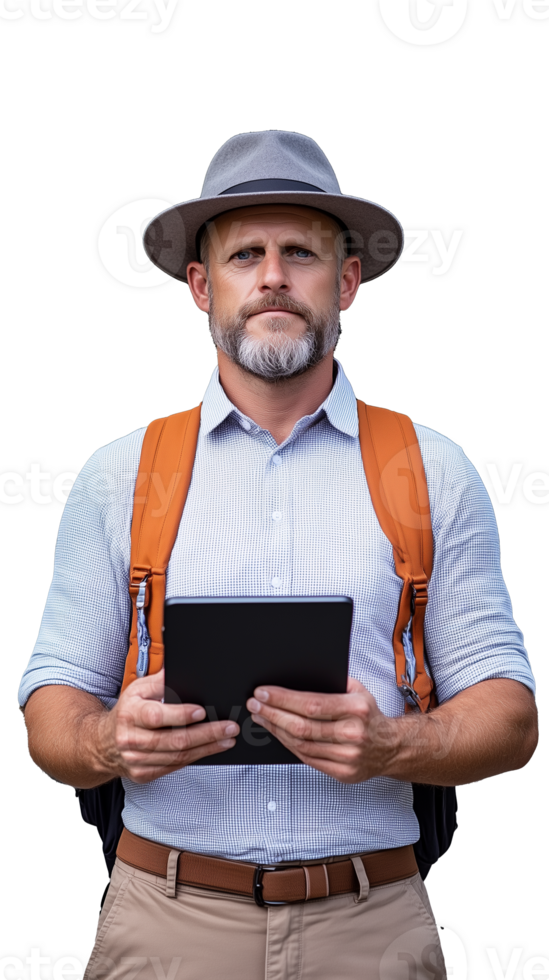 Man with fedora and backpack holding tablet on transparent background png