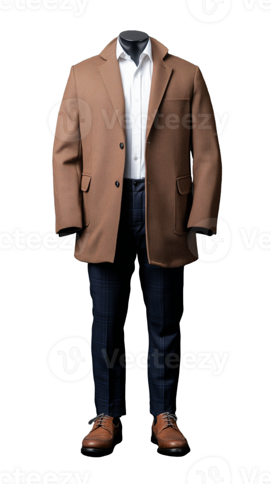 Beige coat with dark jeans and brown shoes on transparent background png