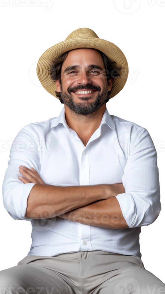 Smiling man in white shirt and fedora on transparent background png