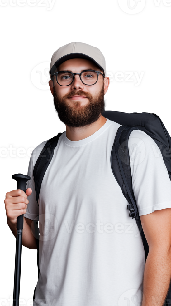 Young man with backpack and cap on transparent background png