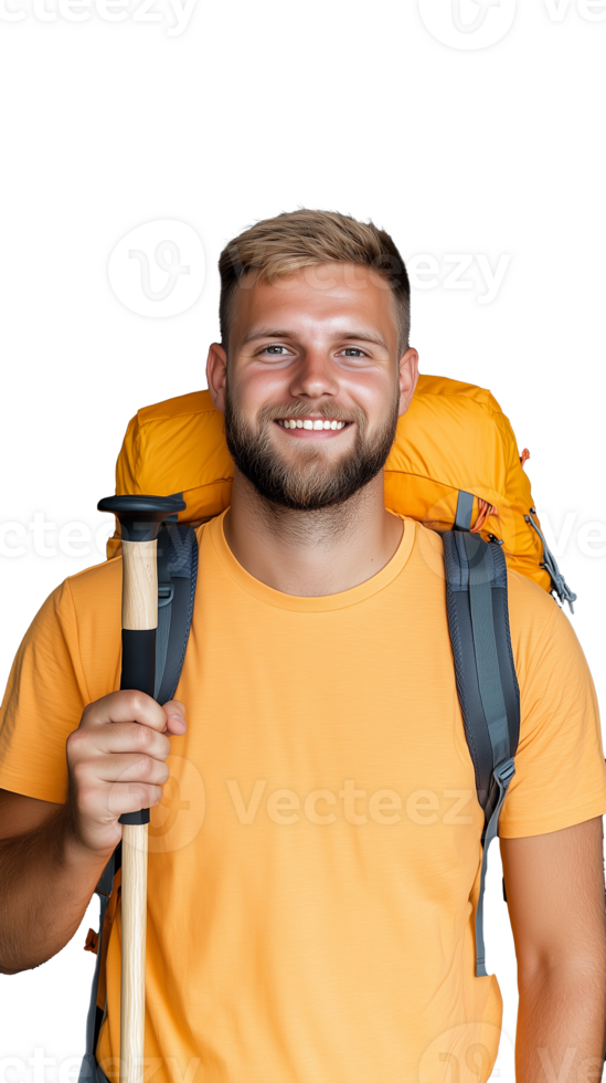 Smiling man with backpack and water bottle on transparent background png