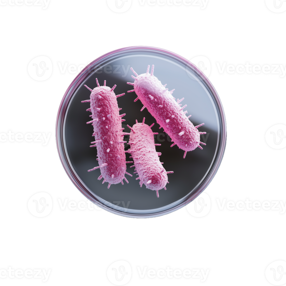 Petri dish with purple rod-shaped bacteria on transparent background png
