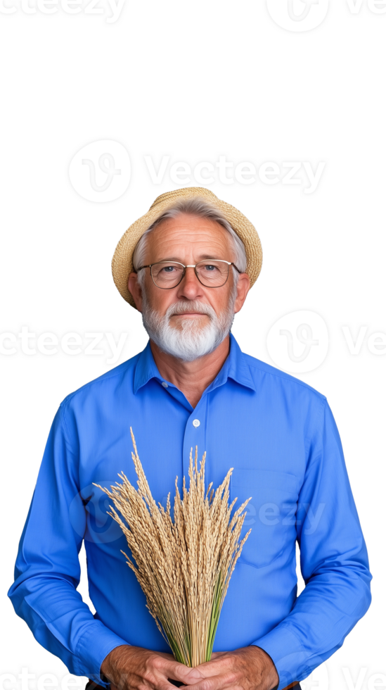 Elderly man with beard holding wheat stalks on transparent background png