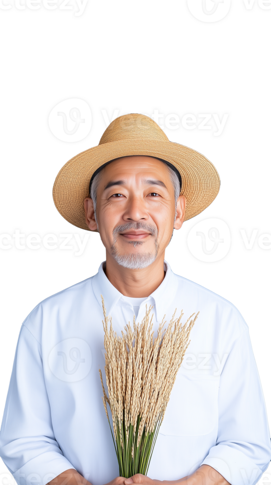 Smiling man in hat holding wheat stalks on transparent background png