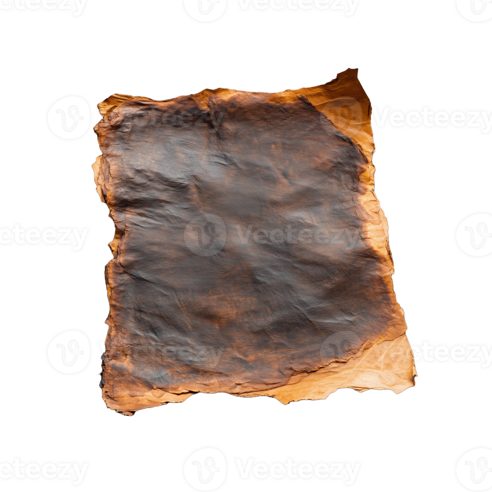 Burnt parchment sheet with charred edges on transparent background png