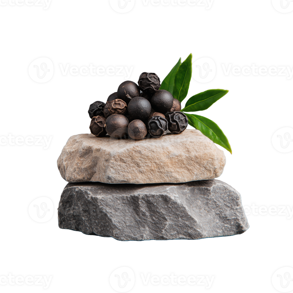 Mixed peppercorns with basil on rock on transparent background png