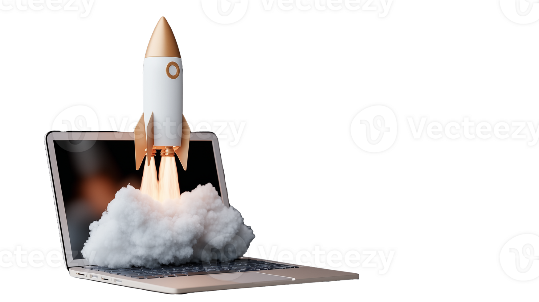 Rocket launch concept with laptop on transparent background png