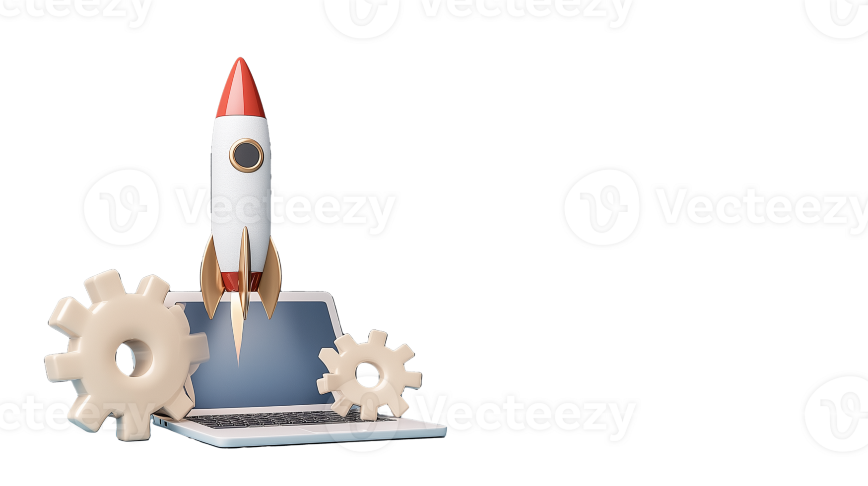 Rocket with gears launching from laptop on transparent background png