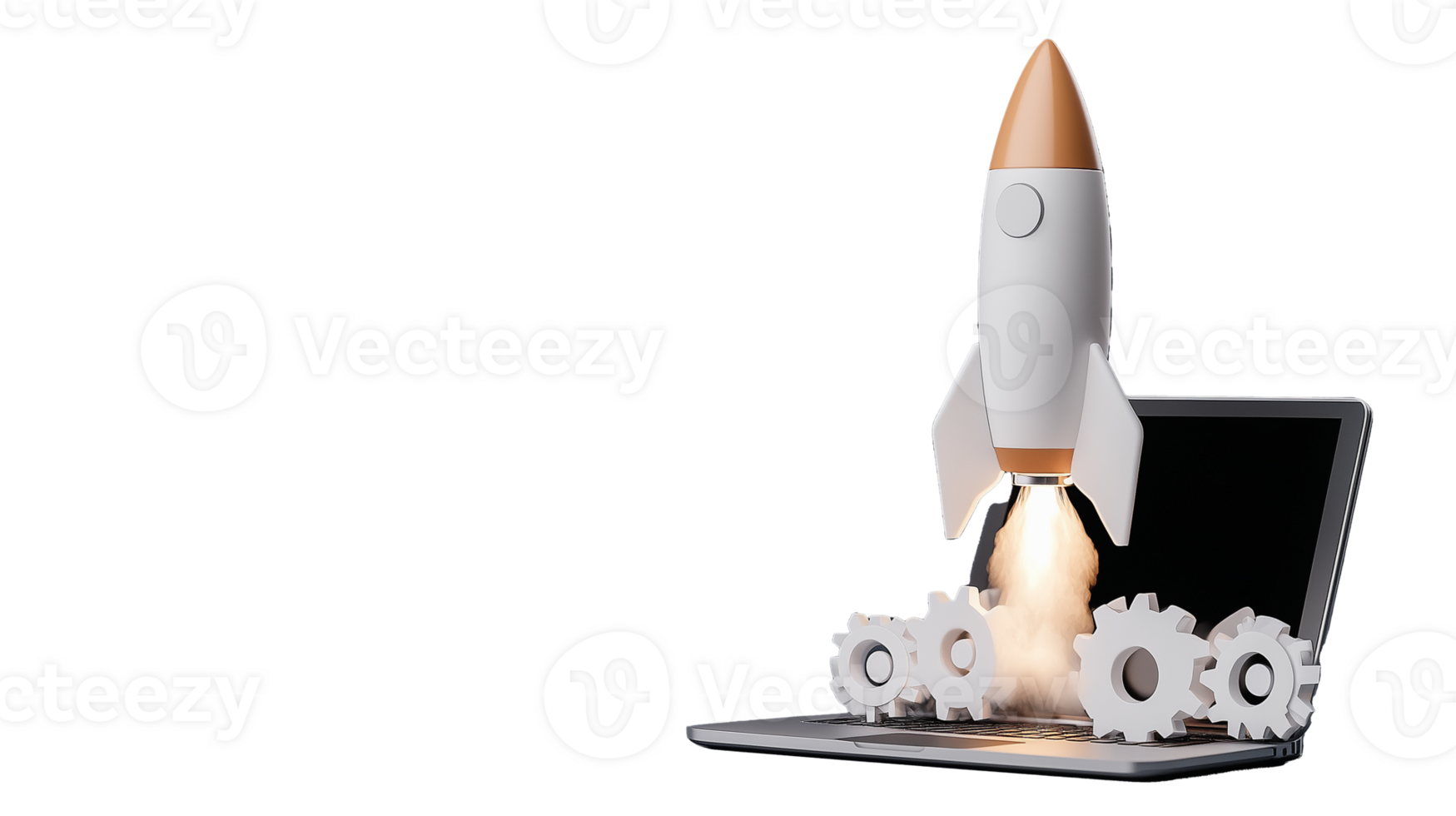 Rocket with cloud effect launching from laptop on transparent background png