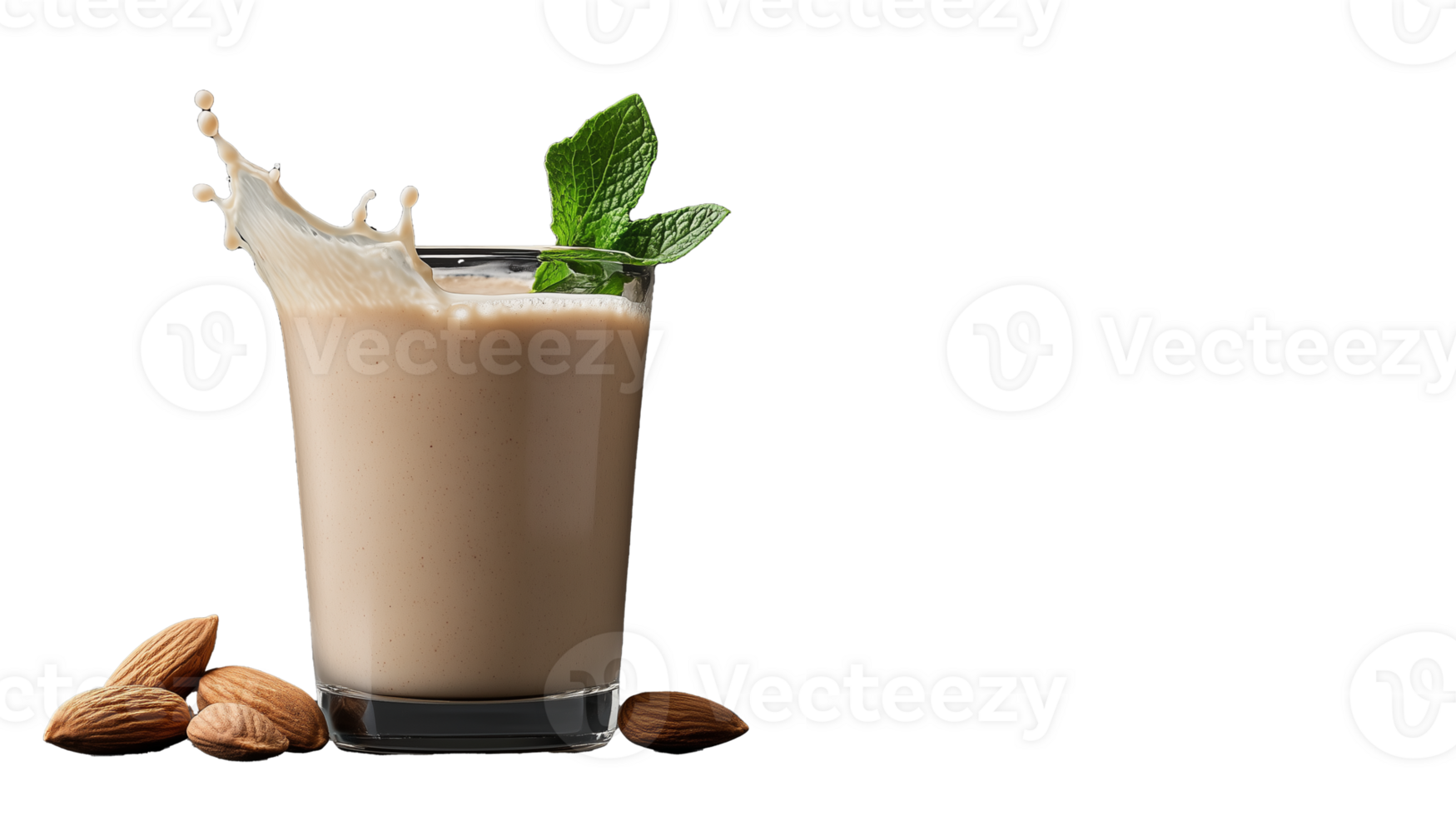 Almond milkshake with mint garnish on transparent background png