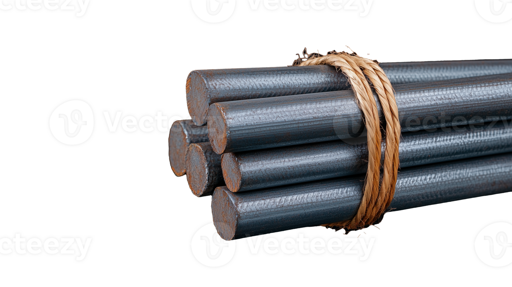 Bundle of steel rebars tied with wire on transparent background png