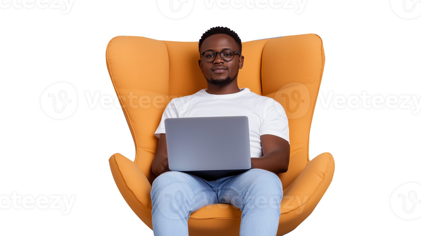 Smiling woman with laptop on yellow armchair on transparent background png