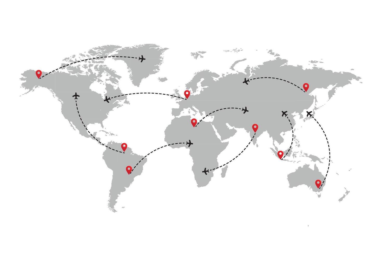World map with flight routes, silhouettes of aircraft flights on the map. plane moves along the trajectory. vector
