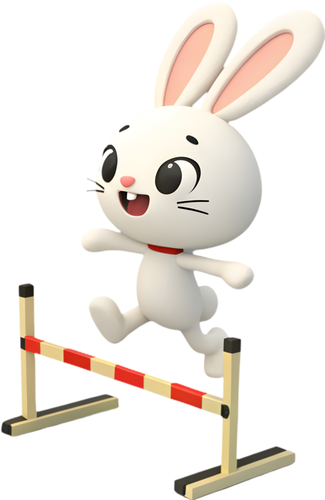 Energetic bunny leaping over playful barriers. . png