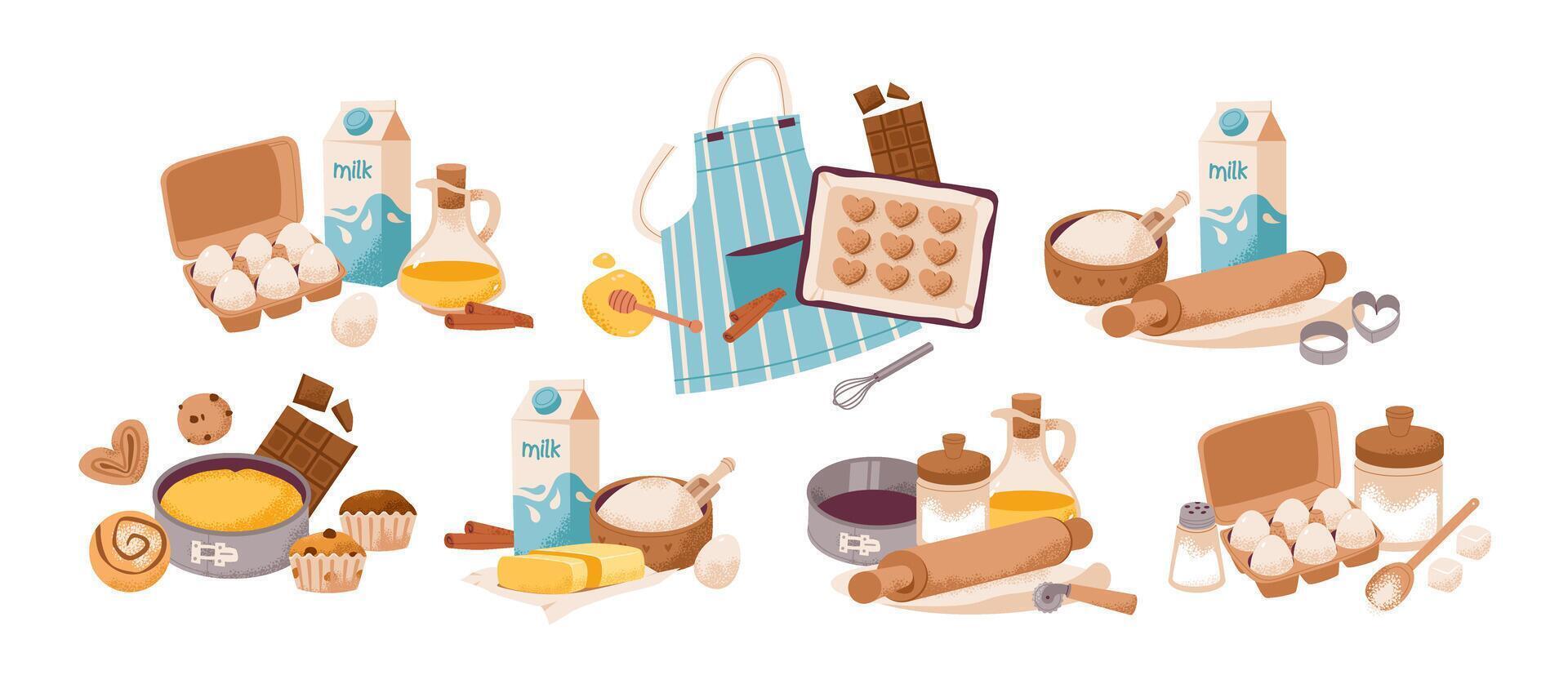 Baking supplies, eggs, flour, and a baking tray, homemade preparation. Gourmet and culinary illustrations set. Homemade cooking, pastry preparation. Flat illustration. vector