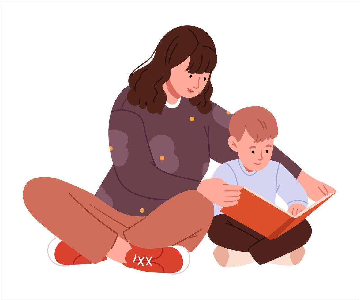 Mother and son are reading a book. A bedtime story.Mother Helping Her Son with His Homework vector
