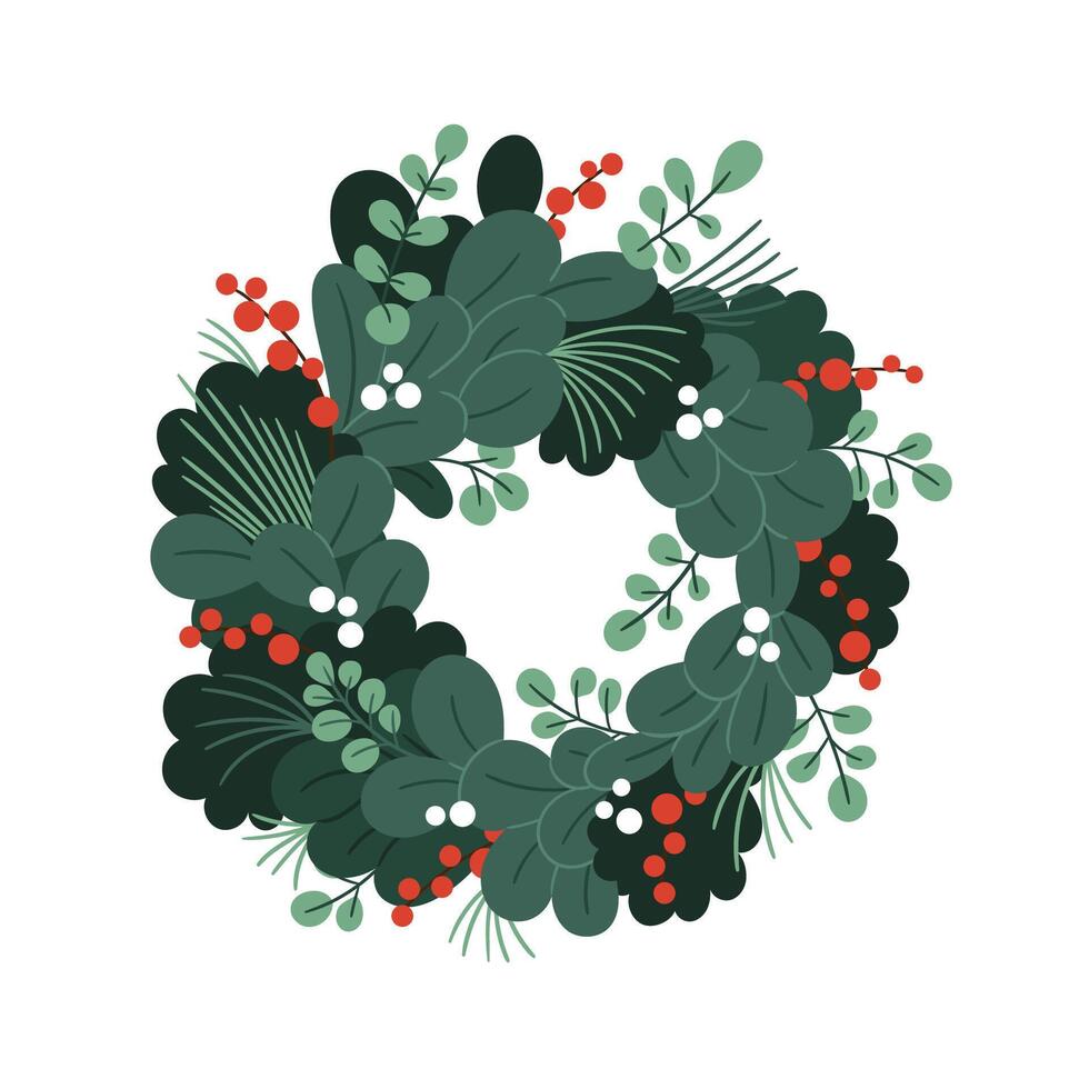 Christmas wreath made of branches, eucalyptus, berries and a Christmas tree vector