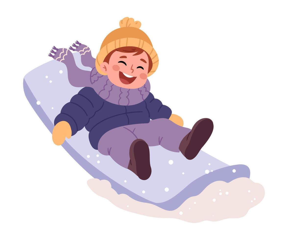 A little boy in warm clothes sledding down a hill vector
