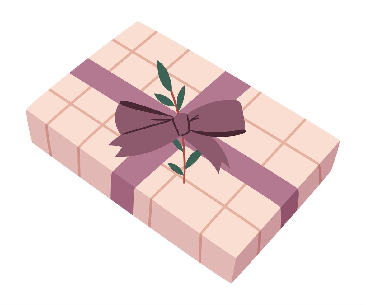 Gift box in modern packaging with purple ribbon and branch on white background vector