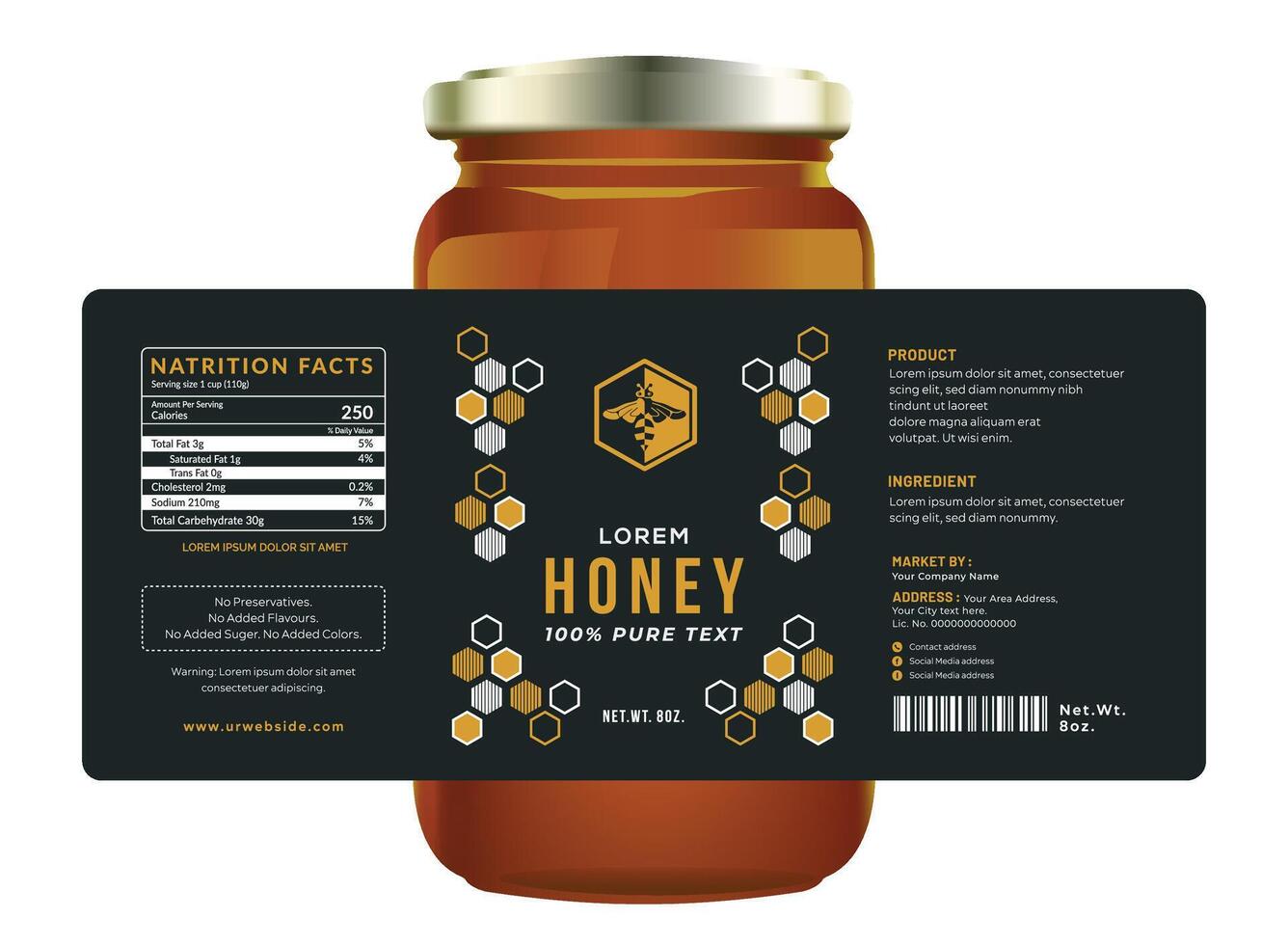A modern honey label featuring black colors and honeycomb shape, elegance and creativity premium quality packaging desing. vector