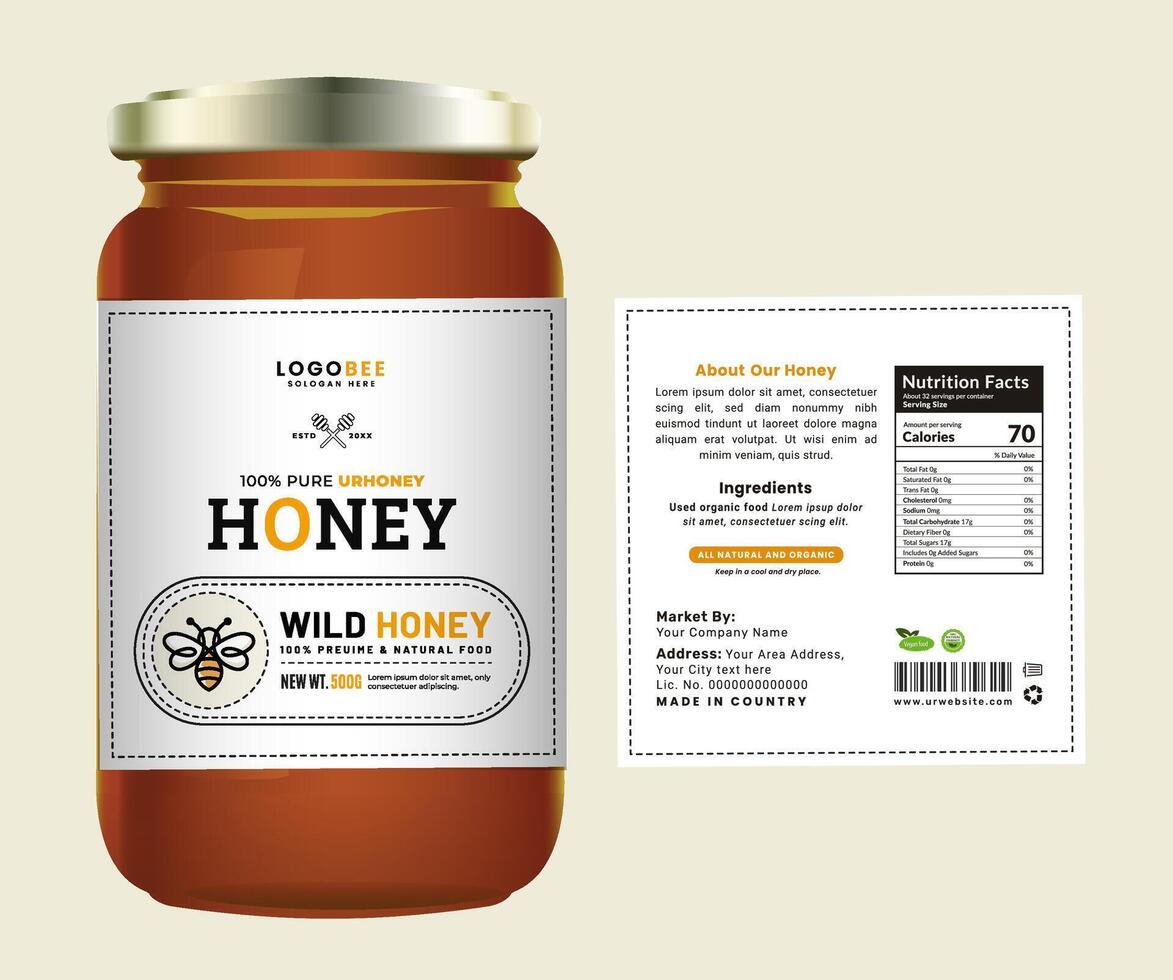 Minimalist honey label design with a bold honey logo and an organic ingredients list, perfect for bee natural product packaging. vector