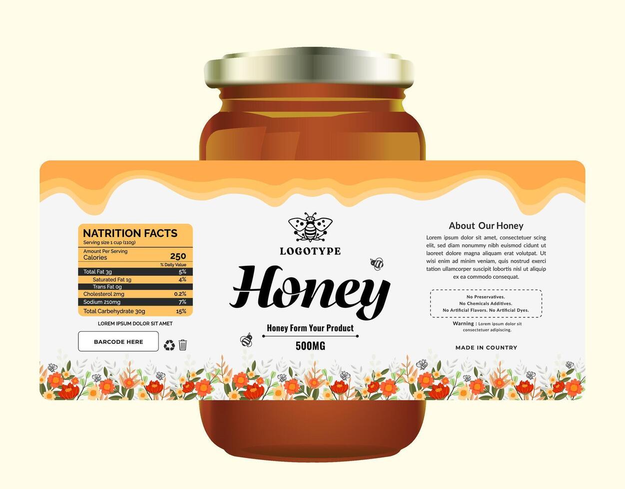 Modern black and golden color bee pure natural honey jar product label packaging with food background design. vector